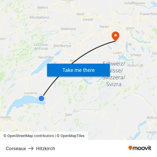 Corseaux to Hitzkirch map