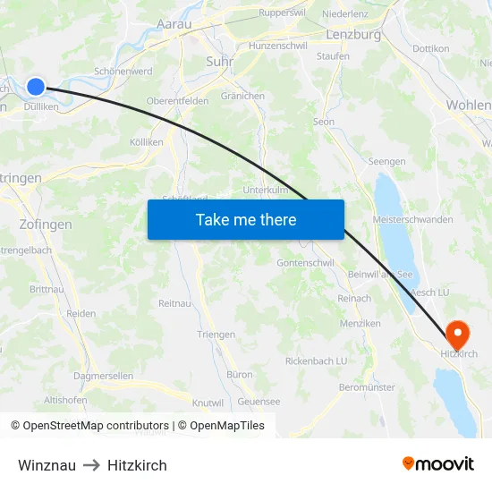 Winznau to Hitzkirch map