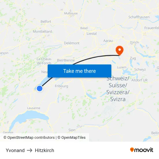 Yvonand to Hitzkirch map