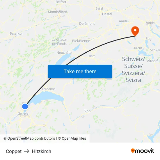 Coppet to Hitzkirch map