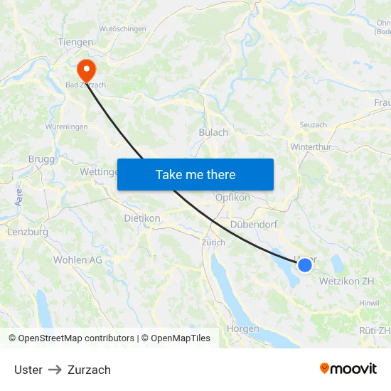 Uster to Zurzach map