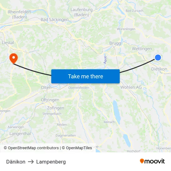 Dänikon to Lampenberg map