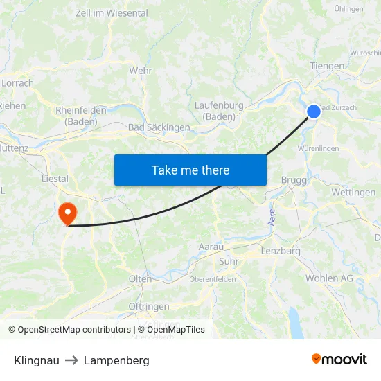 Klingnau to Lampenberg map
