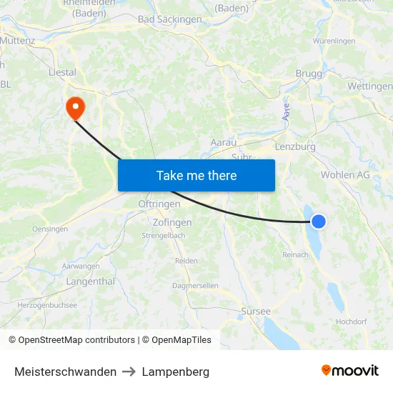Meisterschwanden to Lampenberg map