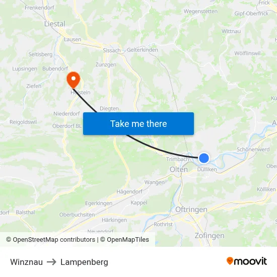 Winznau to Lampenberg map
