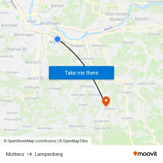 Muttenz to Lampenberg map