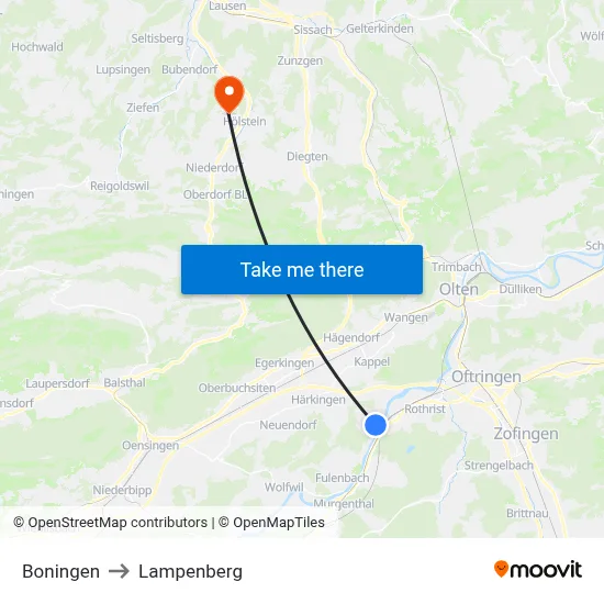 Boningen to Lampenberg map