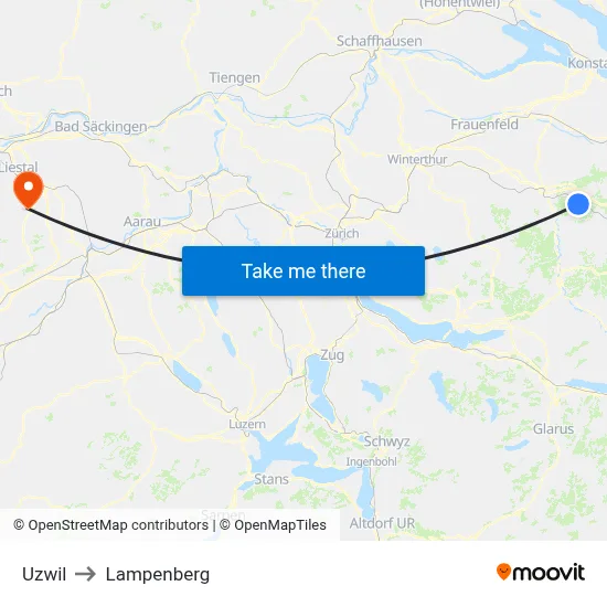 Uzwil to Lampenberg map