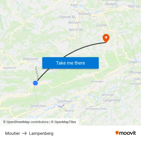Moutier to Lampenberg map