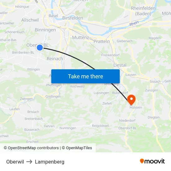 Oberwil to Lampenberg map