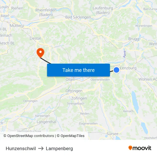 Hunzenschwil to Lampenberg map