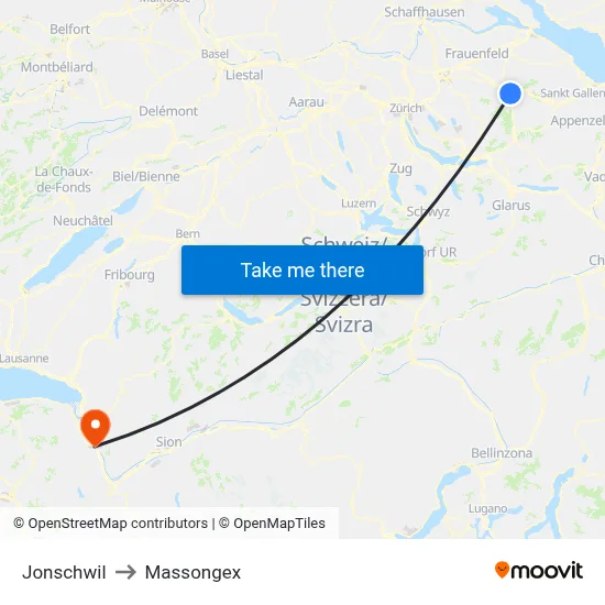 Jonschwil to Massongex map