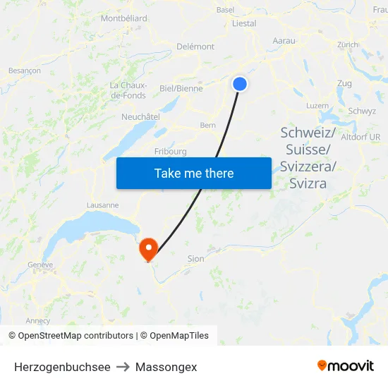 Herzogenbuchsee to Massongex map