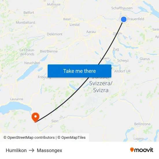 Humlikon to Massongex map
