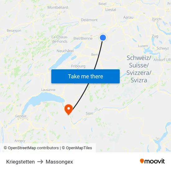 Kriegstetten to Massongex map