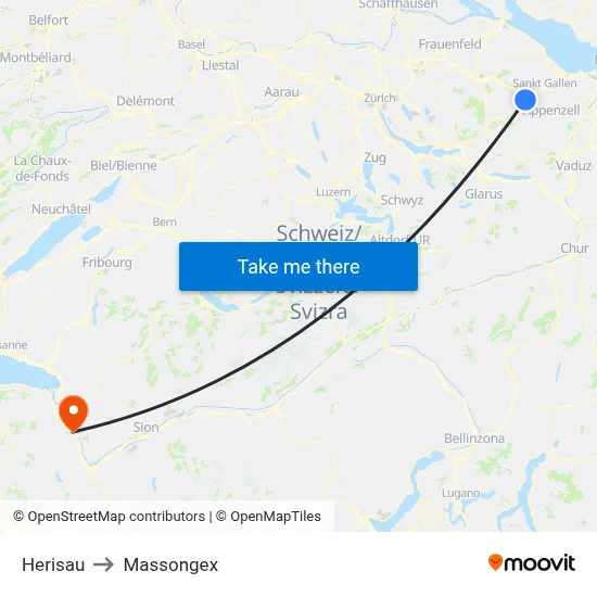 Herisau to Massongex map