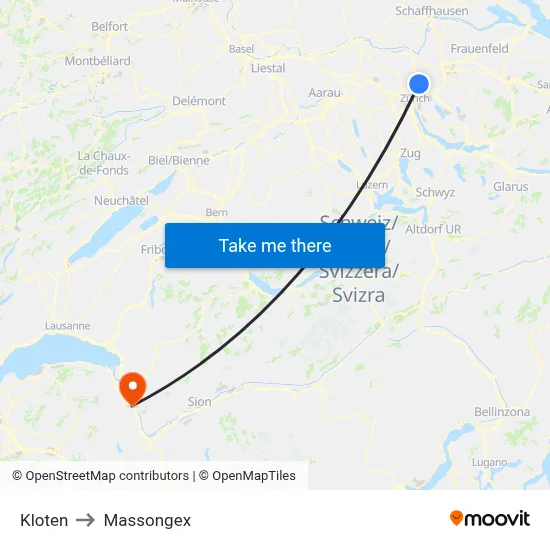 Kloten to Massongex map