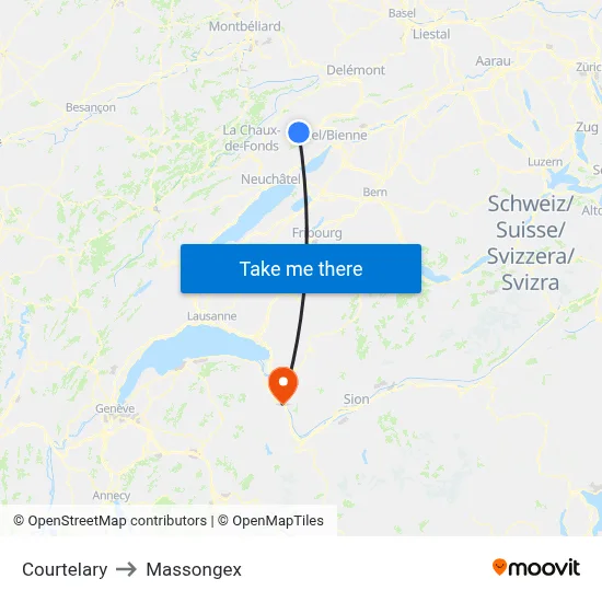 Courtelary to Massongex map