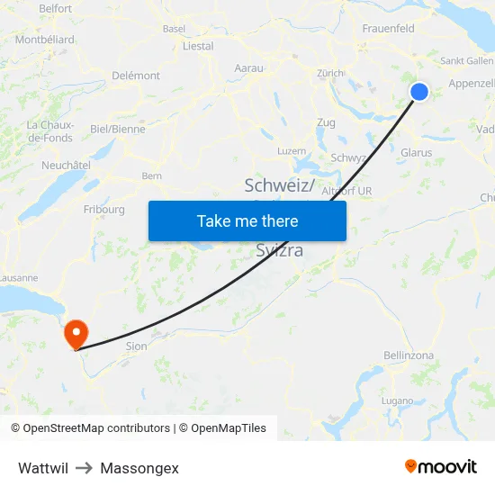 Wattwil to Massongex map