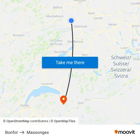 Bonfol to Massongex map