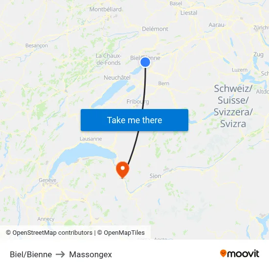 Biel/Bienne to Massongex map