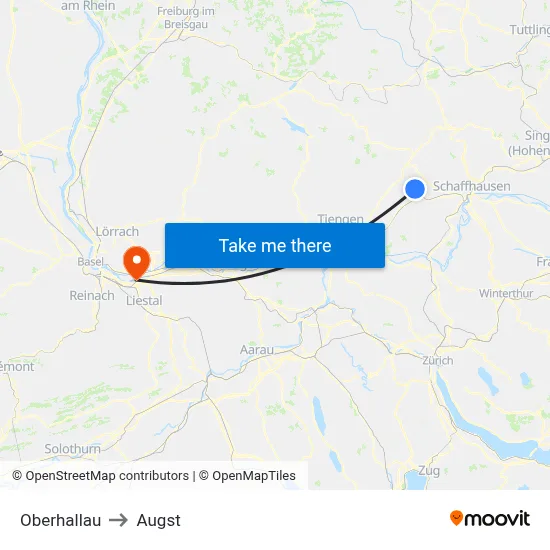 Oberhallau to Augst map