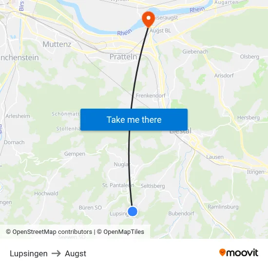 Lupsingen to Augst map