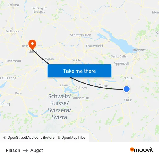 Fläsch to Augst map