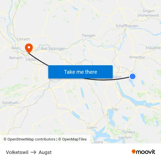 Volketswil to Augst map