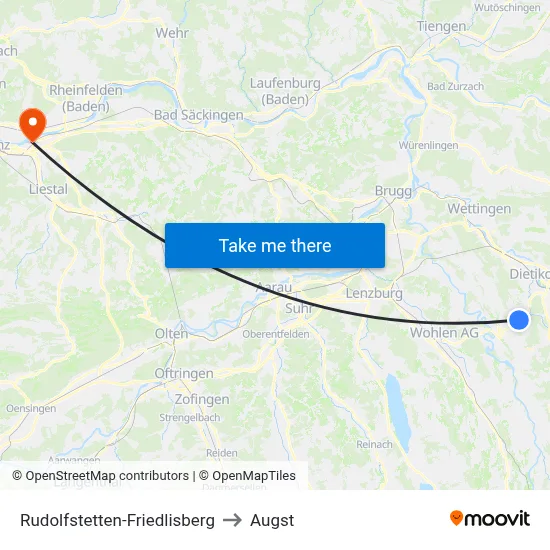 Rudolfstetten-Friedlisberg to Augst map