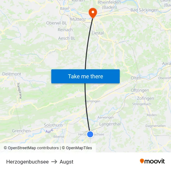 Herzogenbuchsee to Augst map