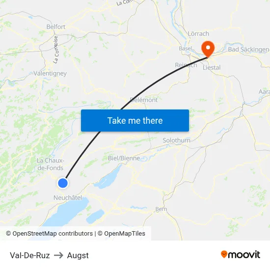 Val-De-Ruz to Augst map