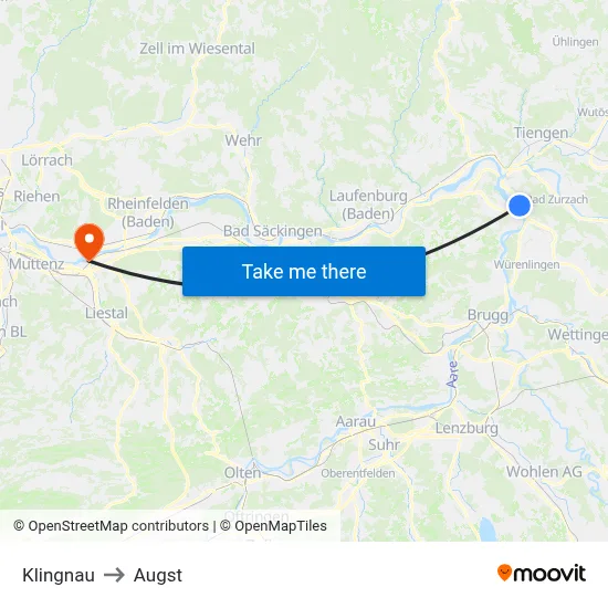 Klingnau to Augst map
