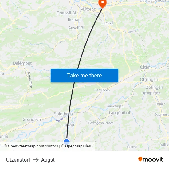 Utzenstorf to Augst map