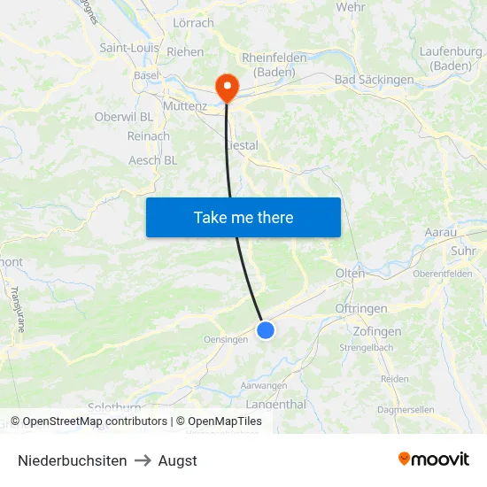 Niederbuchsiten to Augst map