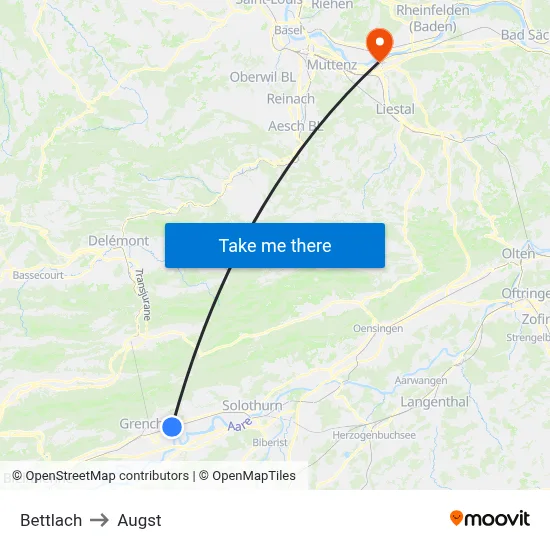 Bettlach to Augst map