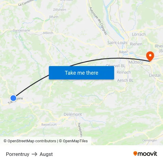 Porrentruy to Augst map