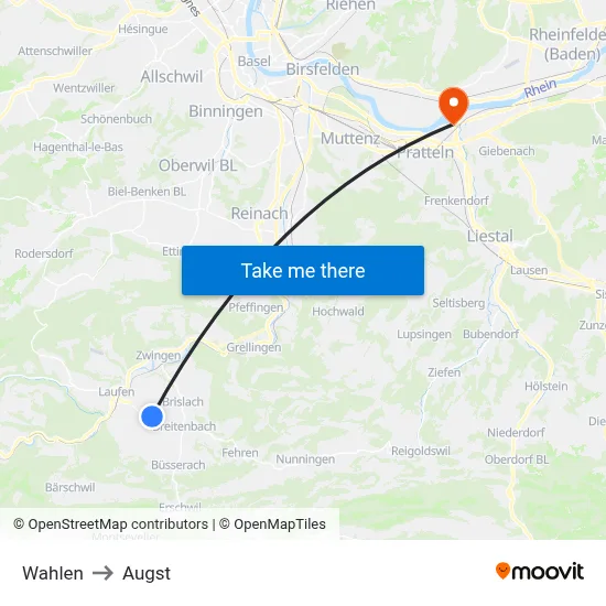 Wahlen to Augst map