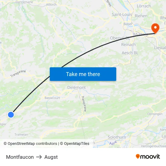 Montfaucon to Augst map