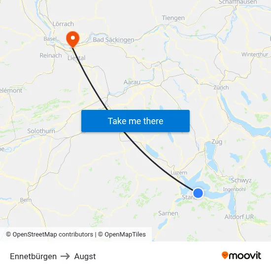 Ennetbürgen to Augst map