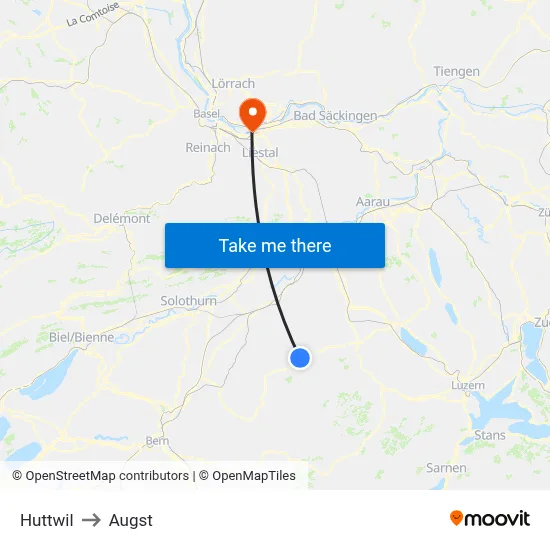 Huttwil to Augst map