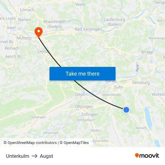 Unterkulm to Augst map