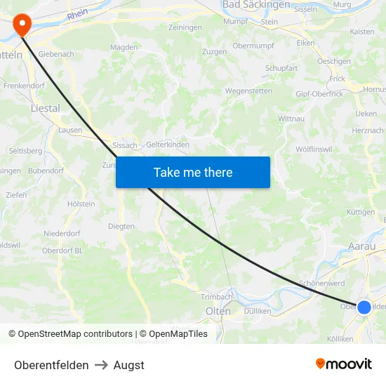 Oberentfelden to Augst map