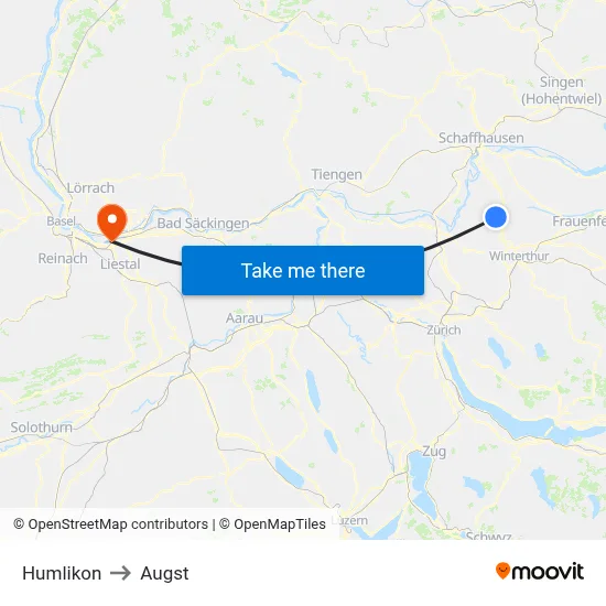 Humlikon to Augst map