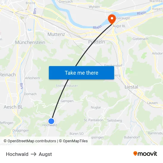 Hochwald to Augst map