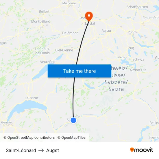 Saint-Léonard to Augst map