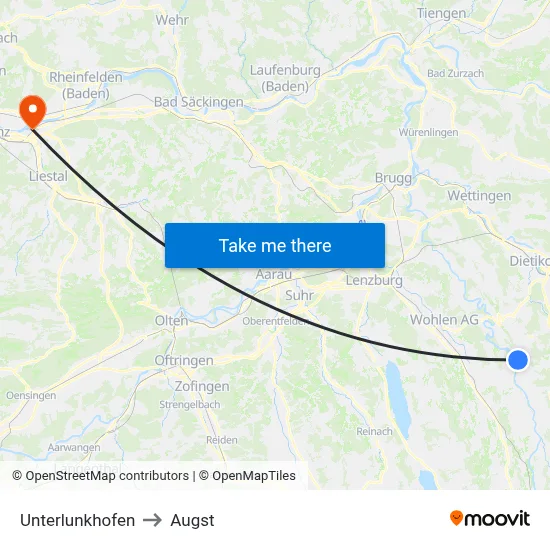 Unterlunkhofen to Augst map