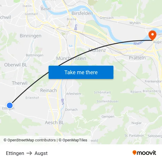 Ettingen to Augst map
