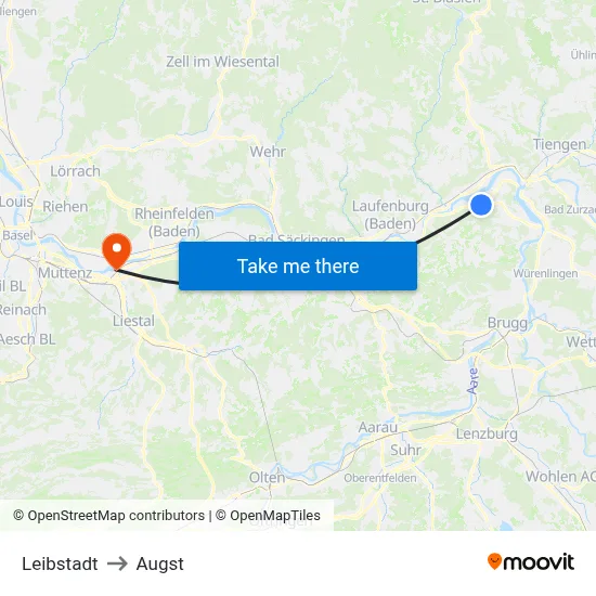 Leibstadt to Augst map