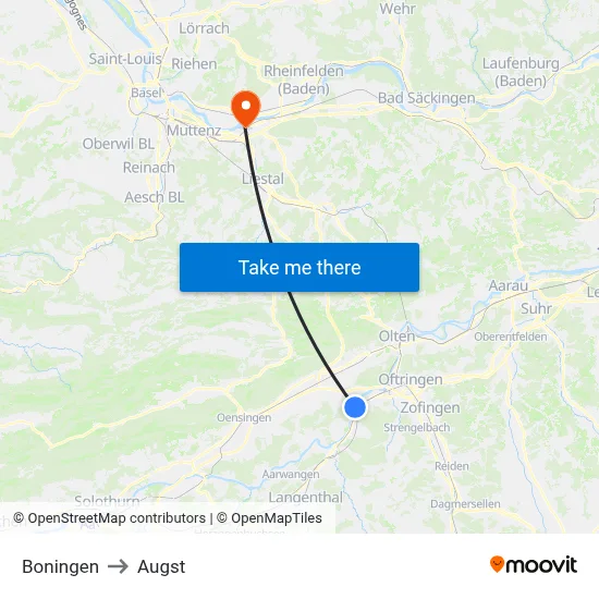Boningen to Augst map